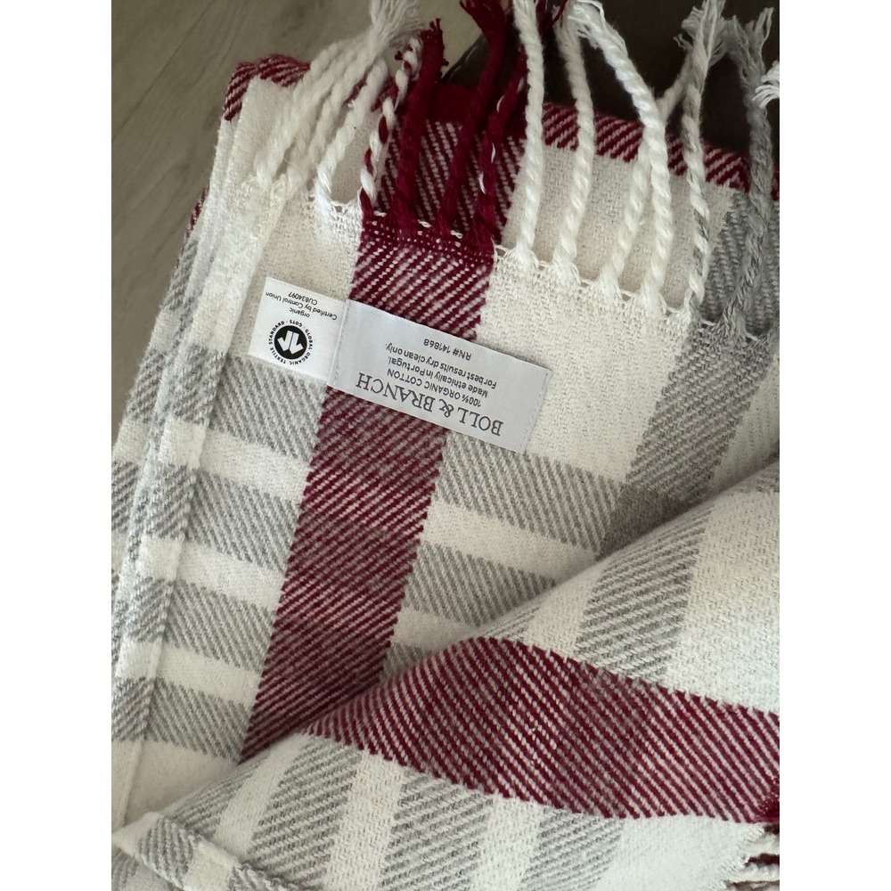 Boll & Branch Organic Cotton Plaid Throw Blanket Red Grey White Fringe 71x56 - Picture 4 of 4